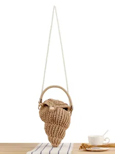 Hand Woven Cotton Shell Shaped Crossbody Handbag With Artificial Pearl Chain Strap Casual Beach Vacation Top Handle Bag For Women