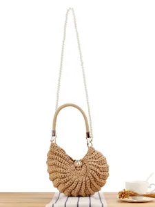 Handmade Woven Cotton Shoulder Bag For Women Shell Shaped Casual Beach Crossbody Bag With Artificial Pearl Chain Handle Holiday Tote Bag