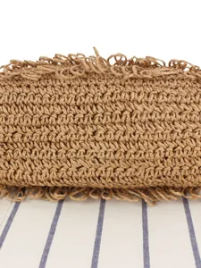 Handmade straw woven bag with fringe edge, casual summer beach handbag for daily commuting.