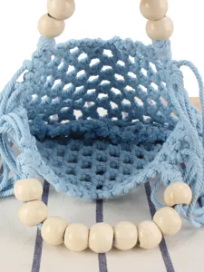 Light blue macrame woven hollow handbag with wooden beads, casual beach chic style women bag.