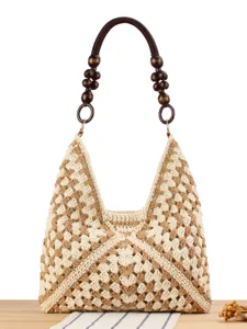 Casual Cotton Woven Shoulder Bag Artistic Bohemian Beach Vacation Straw Look Handbag With Wooden Beads Handle For Women