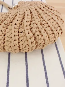Handmade crochet woven handbag casual beige fashion women beach vacation shoulder bag