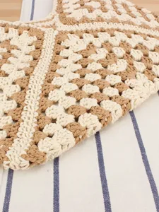 Woven cotton rope shoulder bag, casual beach vacation style, stylish daily commuter handbag.