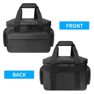 Bolsa de cosméticos de viaje grande con múltiples compartimentos y asas resistentes en negro.