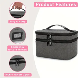 Vue détaillée du sac de rangement gris avec poignée de transport et fenêtre pour carte