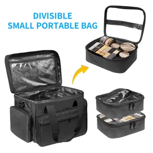 Bolso de maquillaje de viaje grande con compartimentos interiores y tapa transparente.