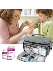 Portable first aid bag, home medical storage organizer for emergency tools and supplies.
