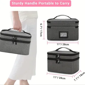 Détail de sac de rangement en tissu gris à double couche avec poignée robuste et design compact.