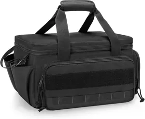 Bolsa de herramientas negra detalle, tela oxford duradera, con asas y bolsillos prácticos.