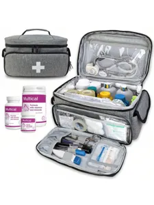 Detailed view of grey tactical first aid medical storage bag with multiple compartments and tools inside.