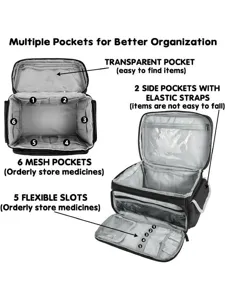 Compact medicine storage bag first aid organizer box with multiple pockets and mesh slots.