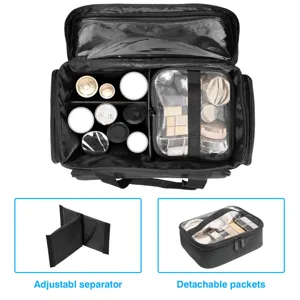 Bolsa de maquillaje de viaje grande con divisores ajustables y estuche transparente desmontable.