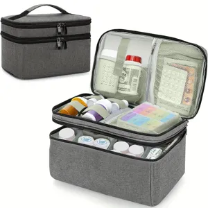 Sac de Rangement Médical de Premiers Secours en Polyester Portable Double Couche Organisateur de Médicaments de Voyage Sac de Trousse Urgence Famille Gris