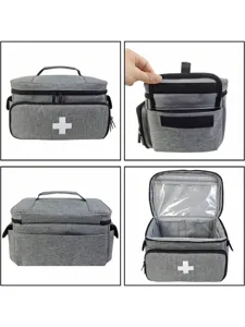 Detailed view of the portable grey first aid medical storage bag with multiple compartments.