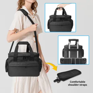 Bolso de maquillaje de viaje grande con compartimentos y correa para cosméticos y accesorios.