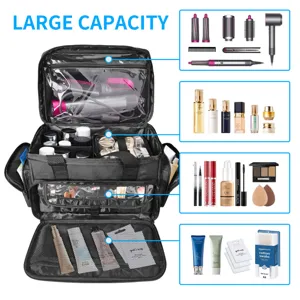 Vista detallada de la gran bolsa de maquillaje de viaje con compartimentos claros y divisores.