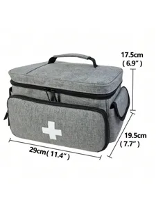 Detailed view of grey portable first aid medicine storage bag with dimension annotations.