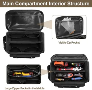 Bolsa de herramientas multifuncional con múltiples compartimentos y bolsillos de malla.