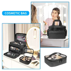 Detalle de bolsa de cosméticos de viaje con bolsa interior y compartimentos.