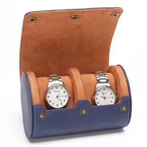 2 slots horloge roll reisetui van PU leer met bruine suède binnenkant en drukknoppen.