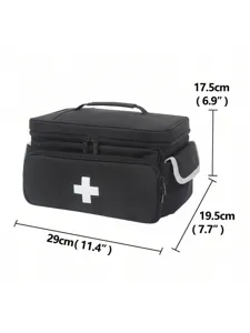 Portable black first aid medical storage bag with clear dimension marks and multi-pocket.