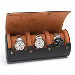 Luxe 3-slots PU lederen horloge etui reisetui met zachte bruine binnenvoering voor opslag.