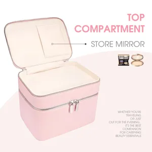 Roze dubbellaagse cosmetische tas, grote capaciteit PU lederen make-up opbergdoos met spiegel.