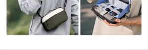 Detail view of multi-compartment tech sling bag with elastic storage slots and durable strap.