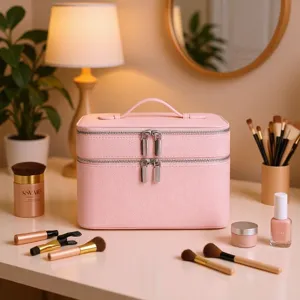 Roze dubbellaagse cosmetische tas grote capaciteit PU lederen make-up etui reistas opbergdoos