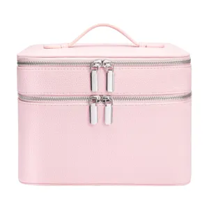 Roze dubbele laag PU lederen make-up tas grote cosmetische opbergdoos hoofdaanzicht foto