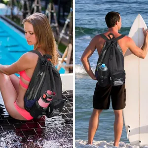 Unisex outdoor zwemmen mesh trekkoord natte tas strand rugzak fitness uitrusting