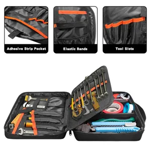 Multifunctional heavy-duty tool storage bag with elastic bands, pockets, and tool slots.
