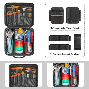 Heavy duty tool storage bag with removable panel and custom padded dividers for tools.