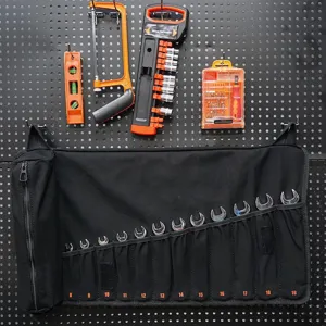 Borsa porta attrezzi in tela nera resistente con scomparti per chiavi per organizzazione.