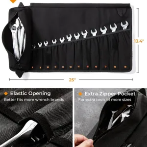 Borsa porta attrezzi in tela arrotolabile con tasche elastiche e scomparto con zip per chiavi.