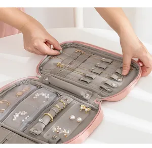 Portable travel leather jewelry organizer box for women, large storage case for rings, necklaces.