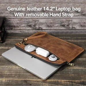 Funda para portátil de cuero genuino de 14.2 pulgadas con correa de mano extraíble marrón.