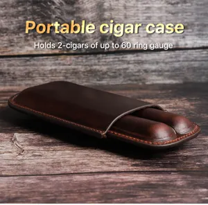 Detailed shot of portable brown leather cigar case, featuring 2-pack capacity up to 60 ring.