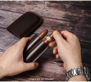 Genuine leather cigar case portable two-pack dark brown leather travel humidor pouch