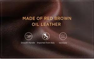 Closeup detail of premium red brown oil leather showing rich texture, smooth handle and quality.