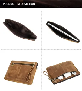 Vista detallada de la funda de cuero para portátil con espacio interior, bolsillo con cremallera y asa.