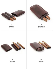 Close-up of vintage brown leather 2-finger cigar case showing fine stitching and smooth interior.