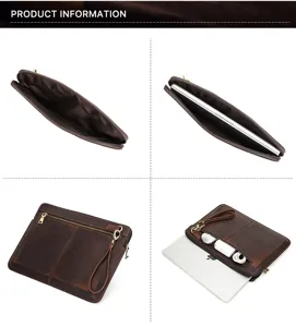 Detalle de funda para portátil de cuero genuino con múltiples ángulos y bolsillos.