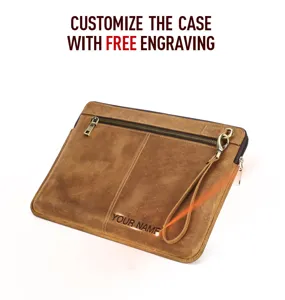 Funda de cuero genuino para laptop macbook, bolso de ordenador de piel de vaca con correa de mano.