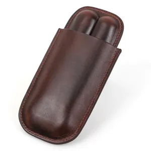 Portable leather cigar case for two cigars, stylish brown pocket cigar holder humidor.