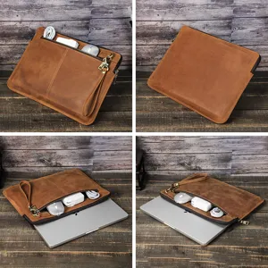 Funda de Cuero Genuino Vintage para Computadora Portátil Macbook Pro Negocios Casual Cuero de Vaca de Grano Superior Bolsa Antichoque Con Correa de Mano Extraíble Bolsillo Delantero Con Cremallera