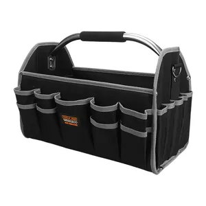 Bolso de herramientas abierto resistente con asa metalica y multiples bolsillos gran capacidad