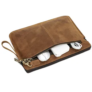 Fundas de cuero genuino para ordenador portatil de 14 pulgadas con bolsillo y correa.