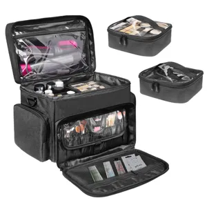 Bolsa de Maquillaje de Viaje Grande Impermeable de Tela Oxford Bolsa Organizadora de Cosméticos Con Bolsas Desmontables Divisores Ajustables para Suministros de Peluquería Estuche de Viaje Mujer Unisex Negro
