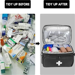 Portable first aid storage bag, multi-layer medical organizer kit for home emergency use.
